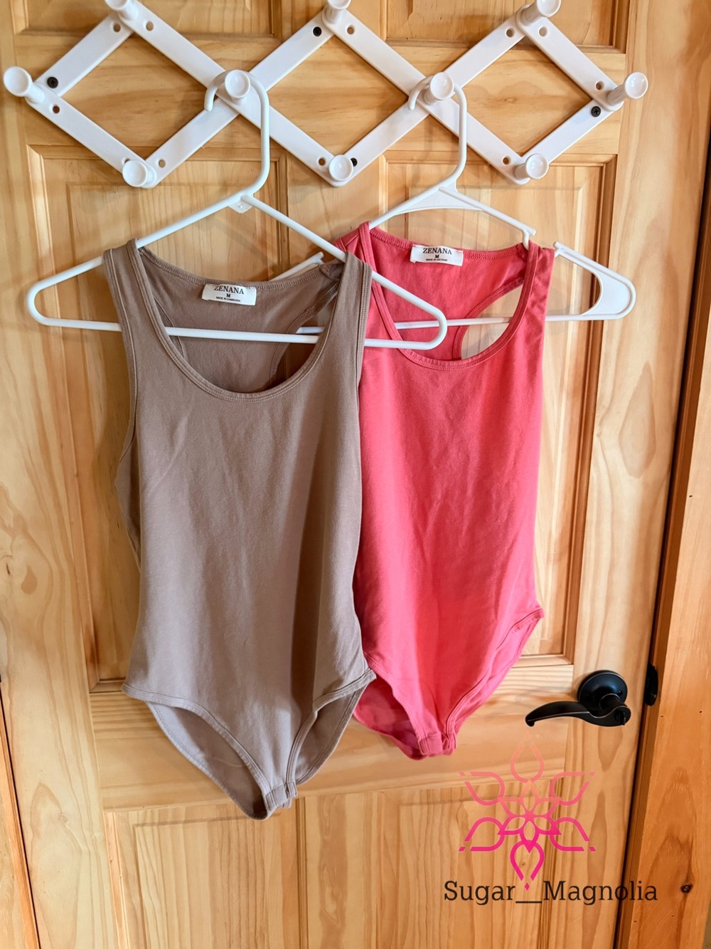 Zenana Outfitters Taupe and Coral Sleeveless Bodysuit Duo